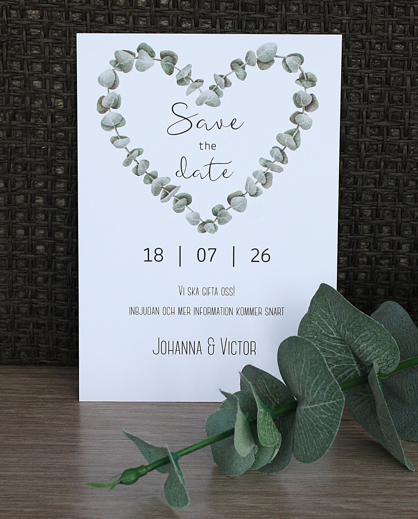 Save the date-kort - Eukalyptushjärta