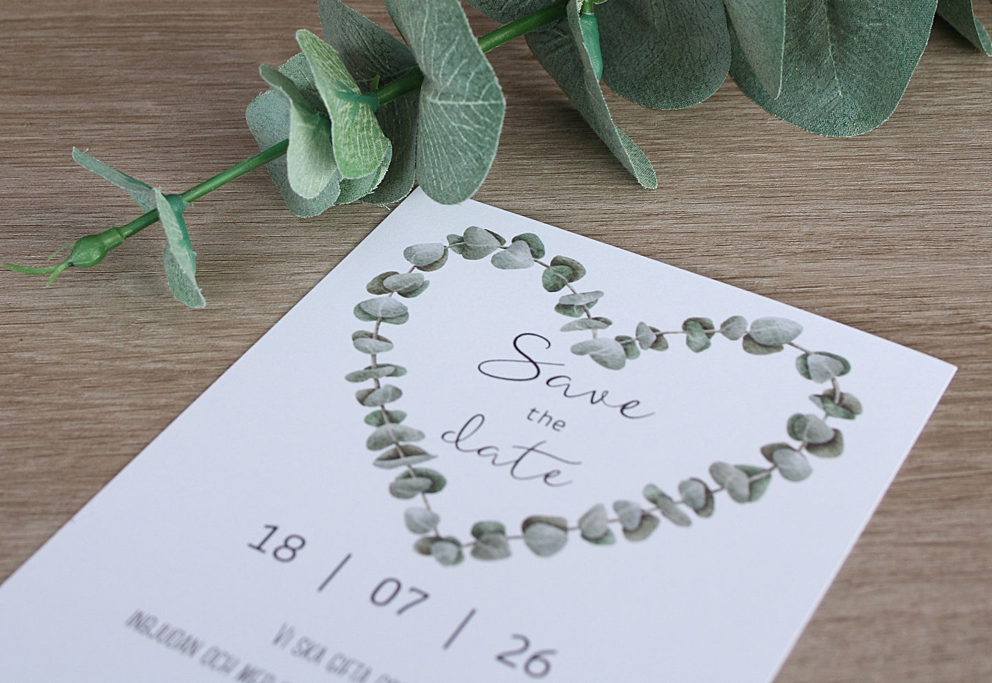 Save the date-kort - Eukalyptushjärta