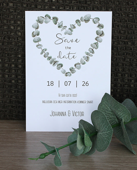 Save the date-kort - Eukalyptushjärta