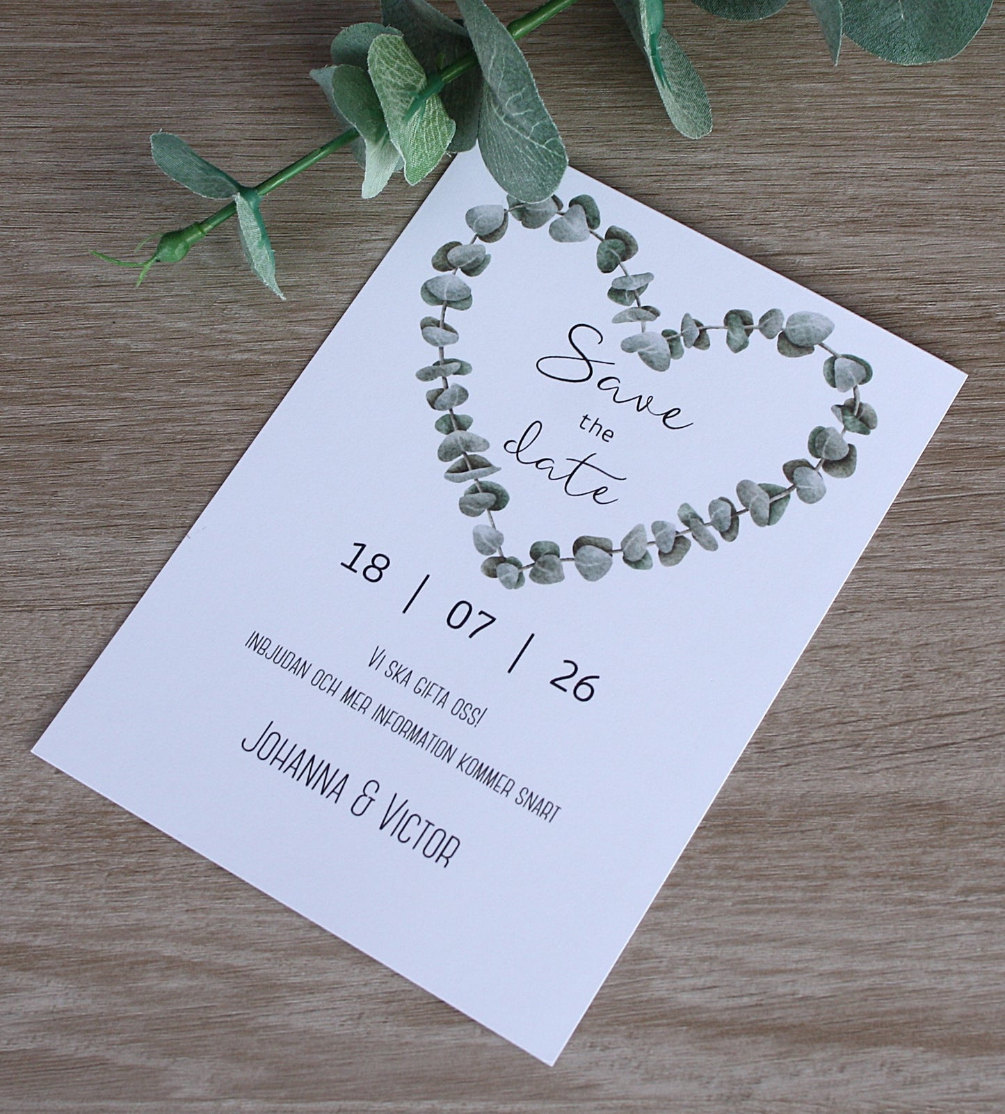 Save the date-kort - Eukalyptushjärta