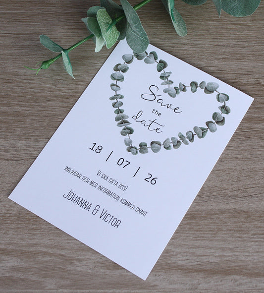Save the date-kort - Eukalyptushjärta